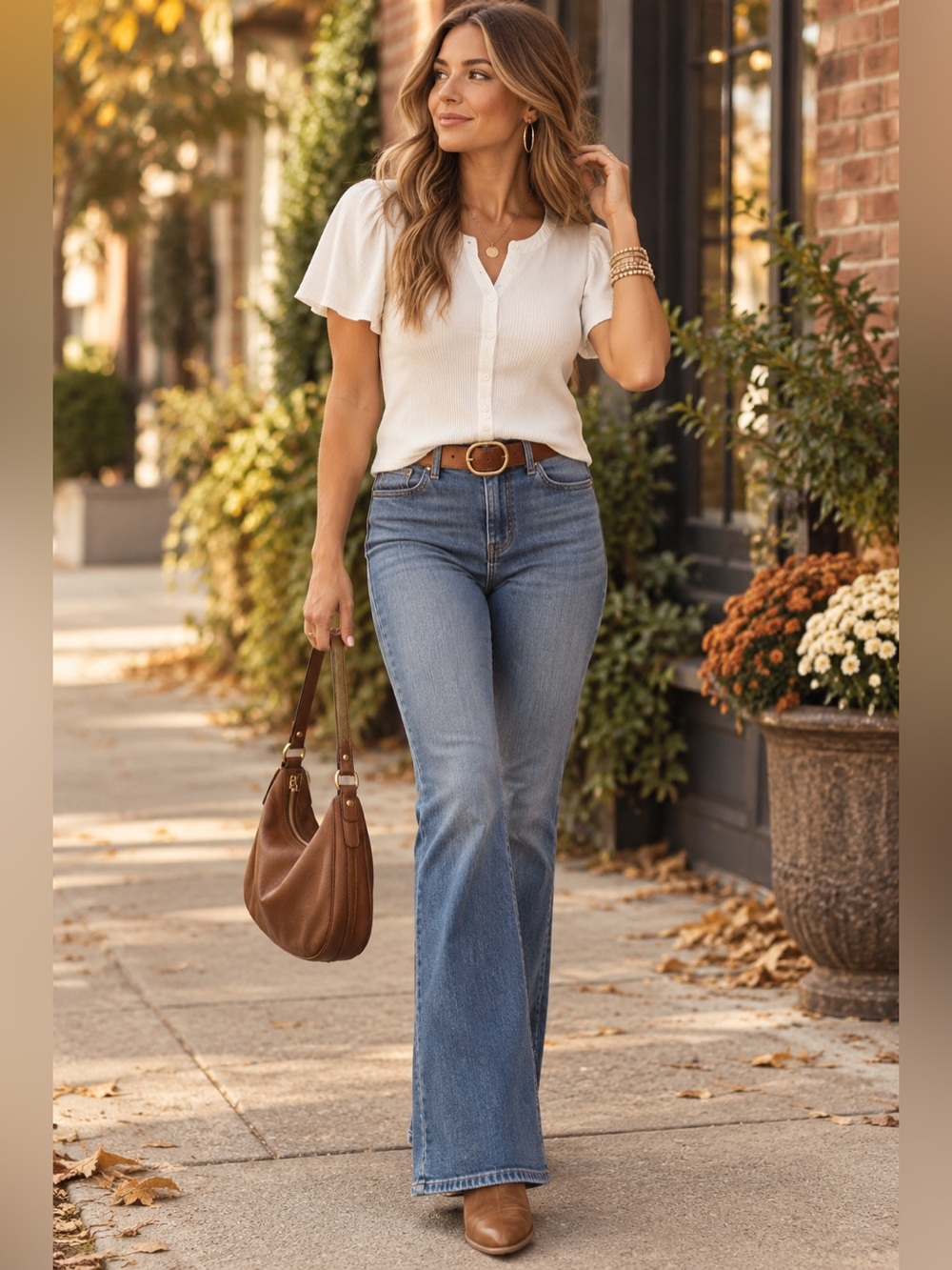 Nine West White Ribbed Button Front Flutter Sleeve Top Size M